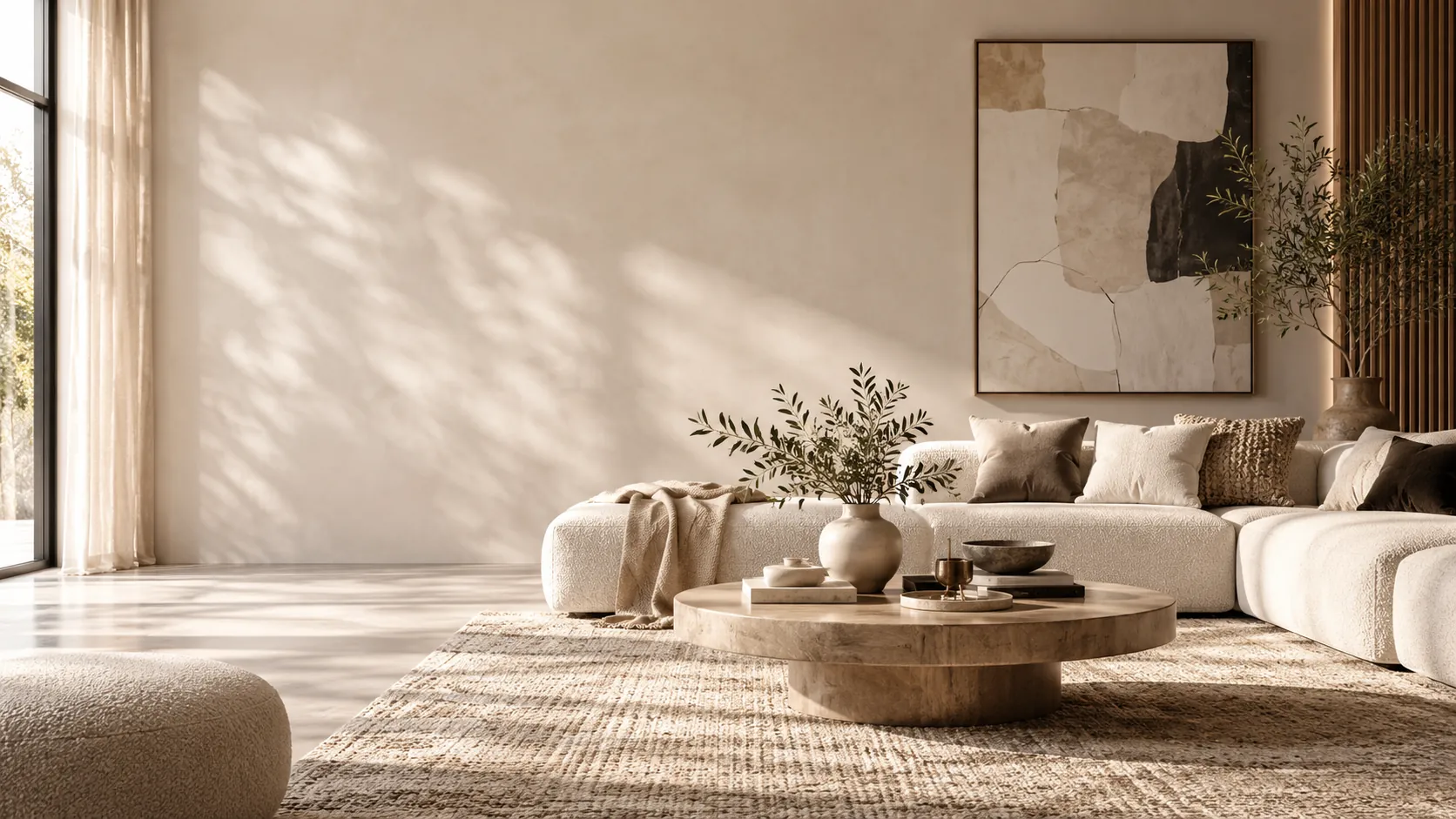 Sfeervolle luxe woonkamer in warme neutrale tinten