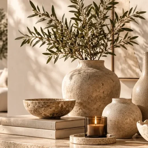 Beige keramische vaas met groene takken in een sfeervol interieur