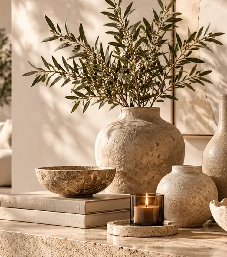 Beige keramische vaas met groene takken in een sfeervol interieur