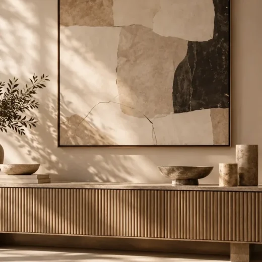 Ingelijste abstracte kunst in aardetinten boven een houten dressoir